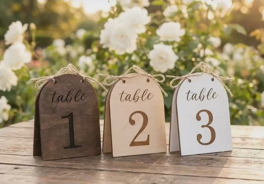 Rustic arch table numbers with twine in natural wood finish
