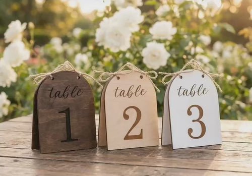 Rustic arch table numbers with twine in natural wood finish
